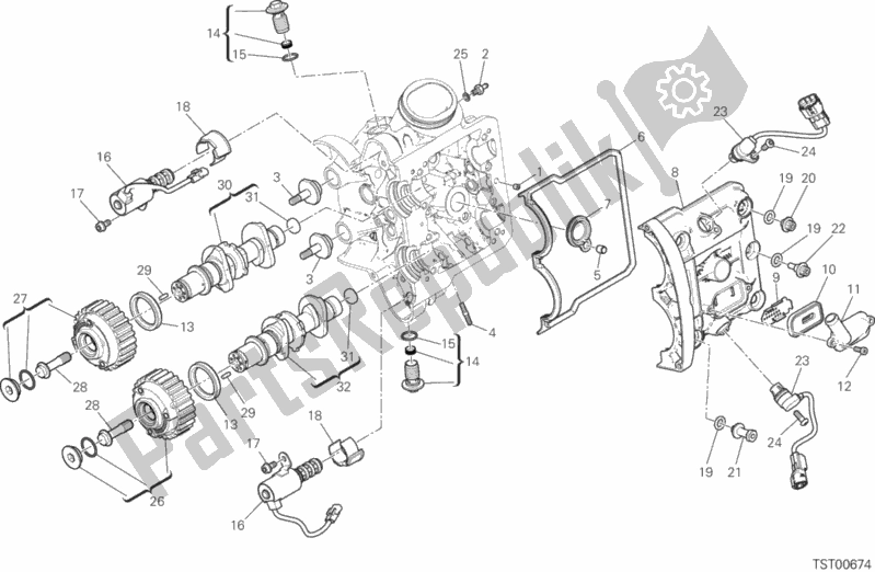 Alle onderdelen voor de Horizontaal Hoofdtimingsysteem van de Ducati Multistrada 1260 S Pikes Peak Thailand 2020